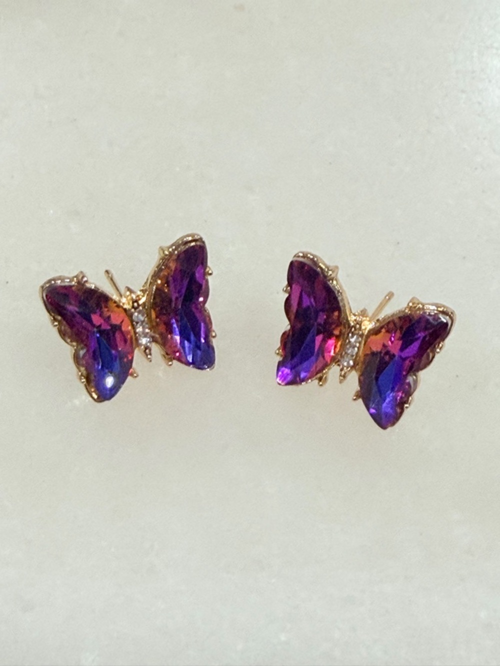 Gold Butterfly Stud Earrings with Purple Crystal Wings